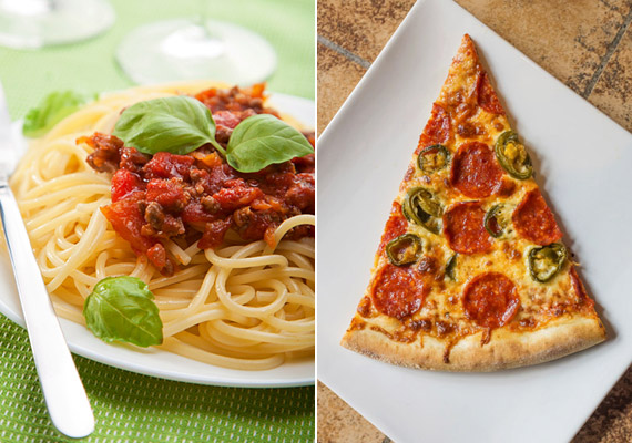 	Az olasz ételek többnyire bővelkednek szénhidrátban. Indulás előtt jól jöhet egy nagy tányér spagetti - lehetőleg valamilyen húsos szósszal -, a buliból hazafelé menet pedig megteszi egy szelet pizza. Ez utóbbi szénhidrát- és zsírtartalma miatt is lassítja az alkohol bekerülését a véráramba.