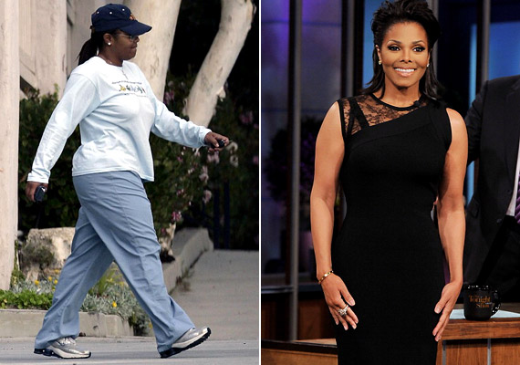 	Janet Jackson az elmúlt évek során gyakran küzdött látható súlyfelesleggel. A jobb oldali fotó 2012 elején készült a Tonight Show-ban, ahol az énekesnő kirobbanó formában volt.