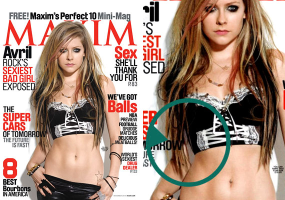 	Néha még a grafikusokkal is megesik, hogy egy-egy photoshopos darázsderék vagy mellnagyobbítás kedvéért véletlenül beáldoznak egy felkart. A Maxim magazin 2010-es novemberi címlapján például pont ez történt Avril Lavigne-nel.