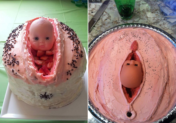 	Sokan örökítik meg túlzott anatómiai részletességgel a szülés csodáját. A bal oldali tortán még a fanszőrzetet sem felejtették el egy kis csokireszelékkel ábrázolni.