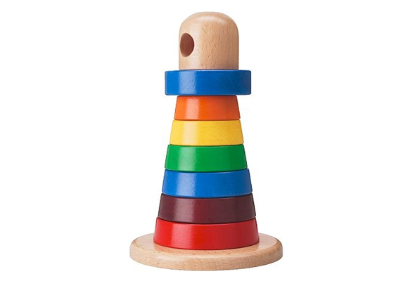 	A színes fajáték a logikai gondolkodást és a mozgást fejleszti. Lényege, hogy a gyűrűket nagyság szerint fel kell helyezni az oszlopra. 12 hónapos kortól ajánlják.	Mula gyűrűjáték, IKEA, 1490 forint