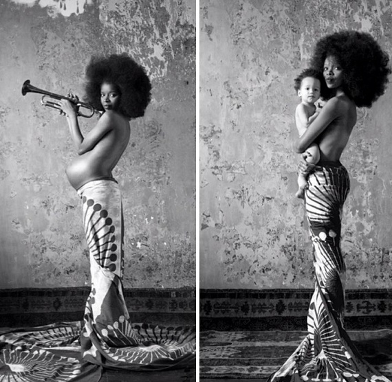 	Gyönyörű kép egy afroamerikai kismamáról terhesség alatt, és az anyukáról és a kisfiáról szülés után.