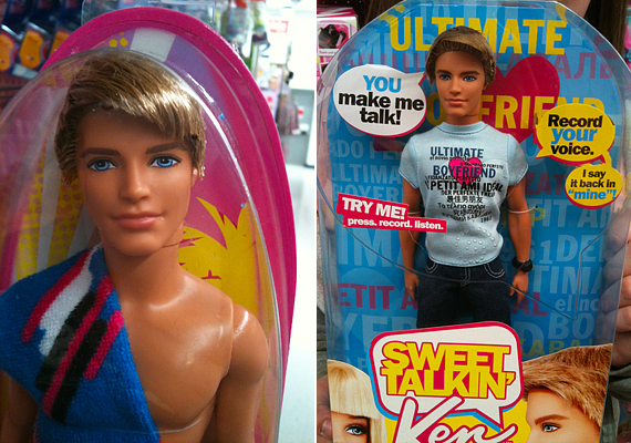 
                        	Barbie barátja, Ken egyre riasztóbb, hiszen külseje feminin vonásokkal gazdagodott az évek során, ráadásul a sportkocsitól kezdve a luxusnyaralóig mindene megvan, hogy levegye a lábáról a műanyag hölgyet. A beszélő változata azonban már végképp kimeríti a képzelt barát fogalmát: a kislányok önmaguknak bókolhatnak úgy, hogy Ken hangfelvevőjén keresztül a szájába adják a szavakat.