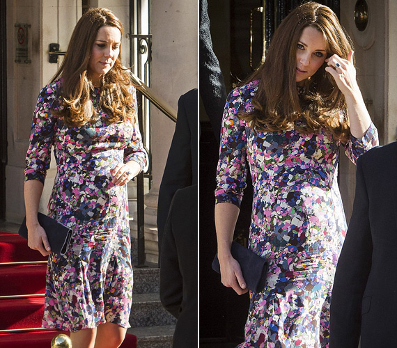 	Ebben a színes ruhában március 2-án jelent meg a londoni Goring hotelben, ahol ő és családja élt annak idején az esküvő előtti napokban. A tarka ruha az Erdemtől vidám, tavaszias megjelenést kölcsönzött a hercegnőnek.