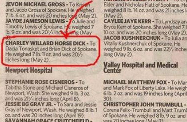 Íme az Anyakönyvi hírek fotója szegény Horse Dick születésének hírével.
