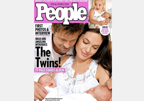 	Angelina Jolie és Brad Pitt ikreinek születése után a babákról a People és a Hello magazin közölt exkluzív képeket. A pár 14 millió dollárt kapott ezért, melyet jótékonyságra fordítottak.