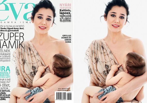 	Gryllus Dorka szerepel az Éva magazin májusi címlapján - nem is akárhogyan. A 40 éves sztármami bevállalta, hogy kisfiát szoptatva áll kamerák elé, a lap ugyanis anyák napjára hangolódva kiemelten foglalkozik a nem hagyományos úton édesanyákká vált nőkkel.