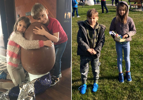 
                        	Sarka Katáéknál sem telhetett el az ünnep tojáskeresés nélkül. A hétéves Noémit és a hatéves Dávidot egy hatalmas csokitojással is meglepték a szülők.