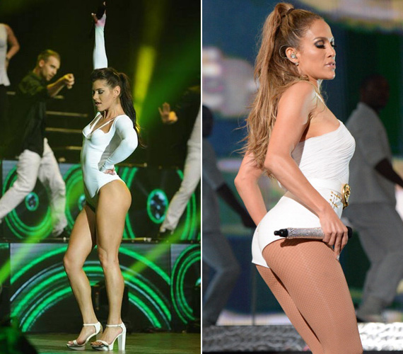 	Ebben a hófehér ruhában úgy nézett ki a színpadon, mint Jennifer Lopez. A teste is olyan izmos, mint amerikai kolléganőjének.