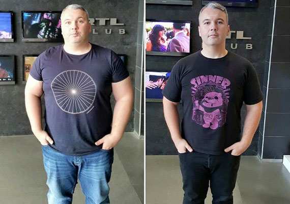 
                        	Dombóvári István ugyanazon a helyszínen fotózkodott, hogy látványos legyen a változás: fél év alatt 35 kilót adott le. Nem csak a teste alakult át, lassan az arcára sem ismerünk rá.