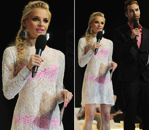 
                        	A gyöngyökkel kirakott, tunikaszerű, fehér Dalaarna ruha olyan átlátszó volt, hogy jól ki lehetett venni az alá felvett pink fehérneműt. A műsorvezető rúzsának színét is utóbbihoz igazították.