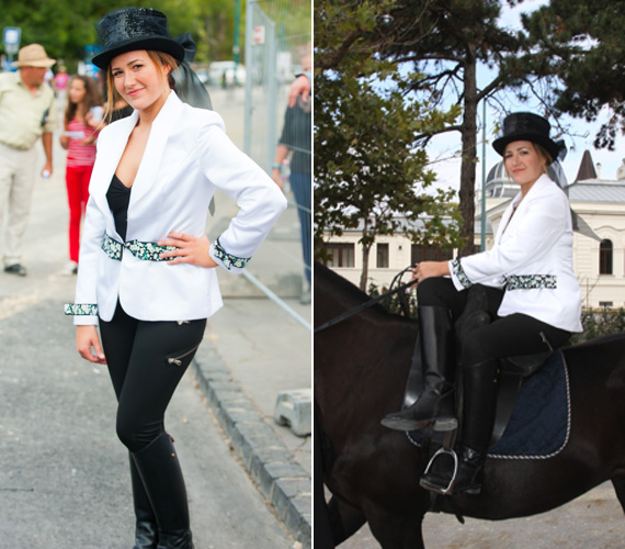 	Janicsák Veca öltözékét fekete-fehér cseresznyevirág-minták díszítették. Szmokingjához női szabású fekete cilindert vett fel. Mindehhez fekete lovaglónadrág és csizma párosult.