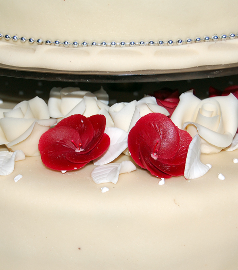  	A torta  	Hófehér marcipánnal bevont, ízléses, minimál díszítéssel készült a háromemeletes esküvői torta. A dupla csokis, meggyes szeletek nagy sikert arattak a vendégek körében.