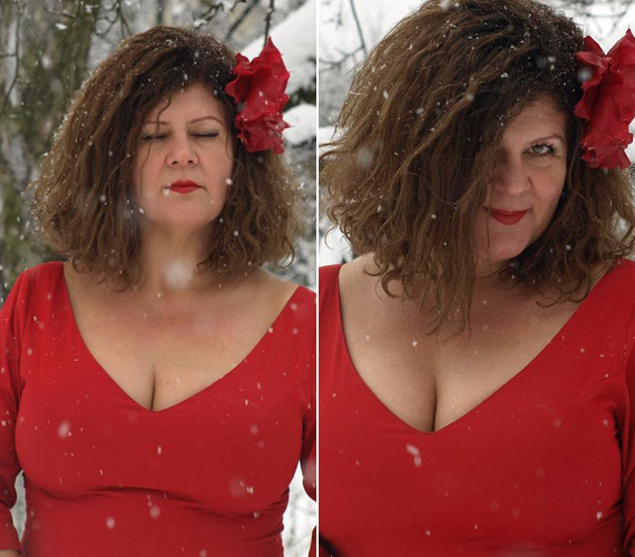 	A hóesésben egy mélyen kivágott ruhában, vörös rúzzsal igazi bombázó a teltkarcsú műsorvezető.