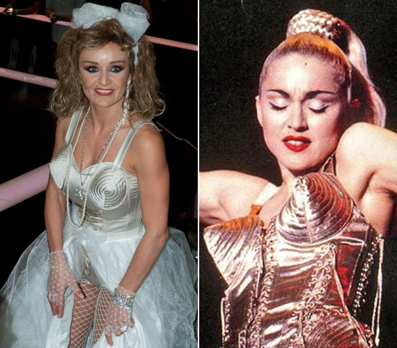 
                        	Madonna annak idején nagy botrányt kavart azzal a fűzővel, aminek tölcsér alakú volt a mellrésze. Szandi péntek este hasonló ruhában állt színpadra.