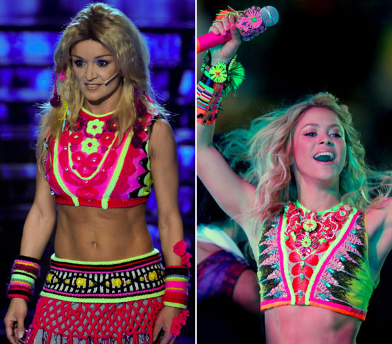 
                        	Szandi és a nála egy évvel fiatalabb Shakira, aki a 2010-es afrikai koncertturnéján viselt hasonlóan színes fellépőruhát.