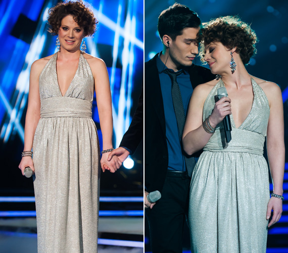 
                        	Szinetár Dóra egy ezüstszínű, csillogó estélyi ruhában énekelt duettet Pál Dénessel, aki végül elnyerte a Magyarország hangja címet.