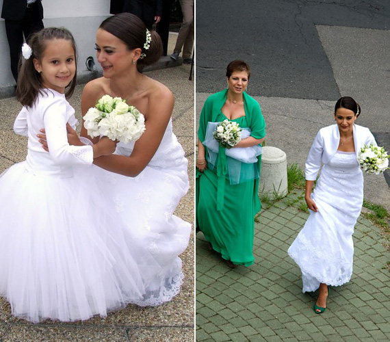	A menyasszony cipője a felnőtt koszorúslány zöld ruhájához igazodott.