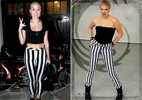 	Gabi és Miley ebben a csíkos nadrágban szinte ikrek is lehetnének. Ugyanaz a haj, ugyanaz a stílus, ugyanaz a vadság.