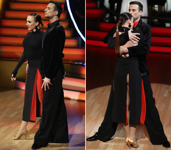 
                        	A piros-fekete ruha jól illett a szenvedélyesen táncolt tangóhoz: a zárt felsőrészt a csípőig felsliccelt szoknya ellensúlyozta.