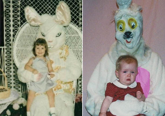 	A húsvéti nyúllal fotózkodni ijesztő élmény is lehet, ha ilyen arccal rendelkezik, mint a képeken.