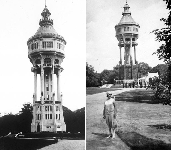 	A víztorony ma is emblematikus eleme a Margitszigetnek.	Bal fotó: 1914, Szabó Lóránt	Jobb fotó: 1929