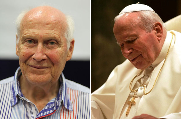 Balra: Bert Hellinger, jobbra: II. János Pál pápa