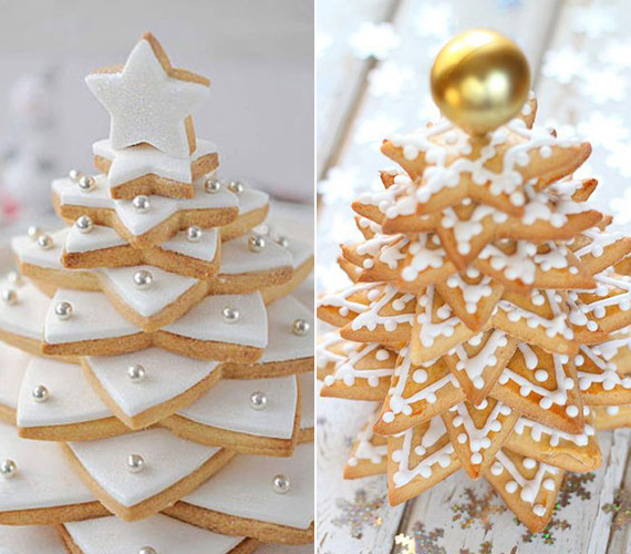 	A kekszeket egymásra helyezve szintén kialakíthatsz egy karácsonyfát, ami dekorációnak sem utolsó. Díszítheted fehér cukormázzal, illetve az előző formákhoz hasonlóan akár gyönggyel is.