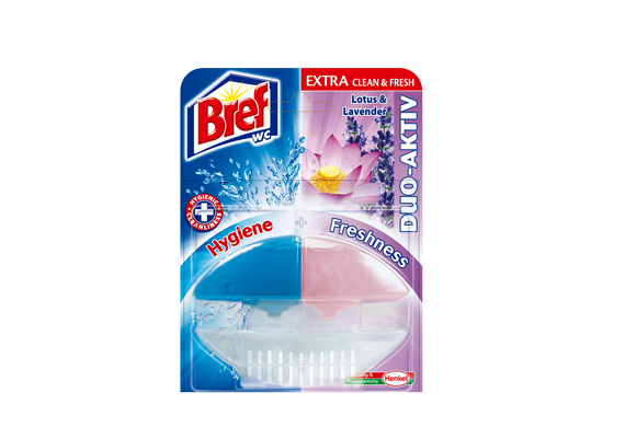  	A Bref Duo-Aktiv Lotus & Lavender nevű terméke eltávolítja a vízkövet, fertőtlenít, és finom virágillattal lengi be a helyiséget.