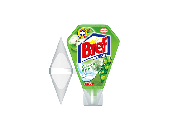 	A Bref WC-gél zöldalmás változata friss illatot biztosít, és a baktériumokat is eltávolítja.