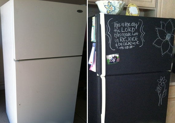 	Ebben a konyhában a hűtőt festették át feketére, amire így akár a gyerekek is rajzolhatnak, de sokkal jobban mutathatnak rajta a hűtőmágnesek is.