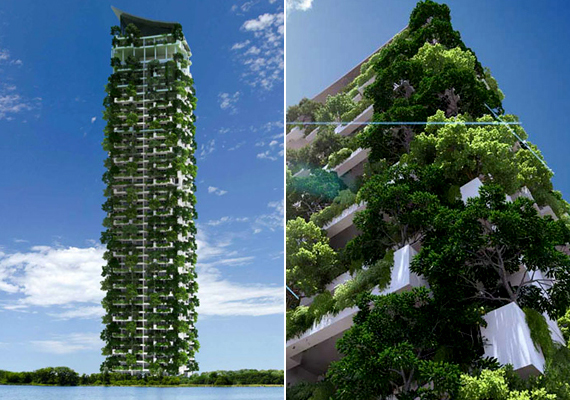 	De nemcsak egyéni szinten lehet fenntarthatóságra törekedni, számos építésziroda tervez ugyanis energiatakarékos vagy szinte önfenntartó középületeket, társasházakat. A képen a Srí Lanka-i Clearpoint Tower látható, mely 2015-re készülhet el. Az épületet napelemekkel szerelik fel, a rajta található növények pedig hő- és hangszigetelőként is működnek, nem utolsósorban pedig a levegőt is tisztítják. Kattints ide, ha többet szeretnél tudni róla!