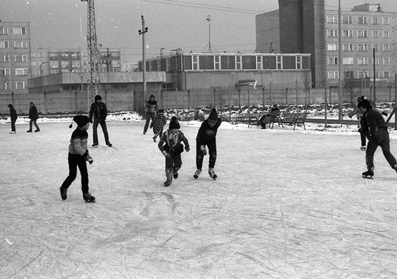 	Nyüzsgés a lakótelep melletti jégpályán, 1982-ben, Komáromban. Magyarországon ilyen szempontból a rekorder Komárom-Esztergom megye, a második helyen pedig Budapest áll.
