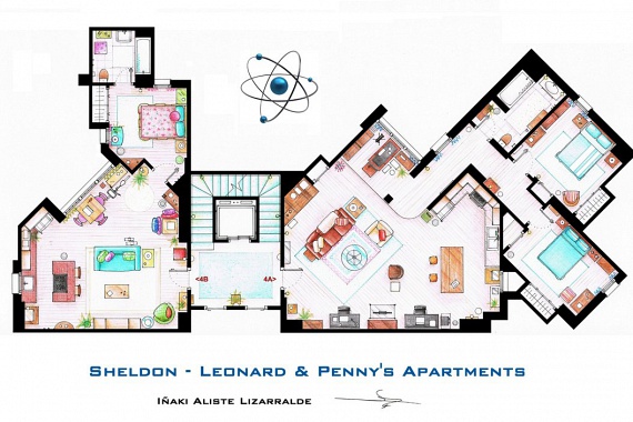 	Végül egy aktuálisabb kedvenc a messzi Pasadenából: jobbra Sheldon és Leonard, balra Penny lakása látható az Agymenőkből. Ha szeretnél még több alaprajzot megnézni a leghíresebb sorozatokból, filmekből, kattints ide!