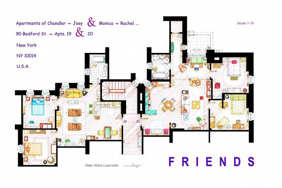 	A Jóbarátokban szereplő, két egymással szemben nyíló lakás szinte minden szegletét ismeri az, aki egykor nyomon követte a hat fiatal életét. Balra Chandler és Joey, jobbra pedig Monica és Rachel lakásának alaprajza látható.