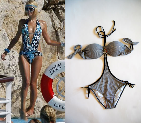 	Paris Hilton fényűző stílusát is utánozhatod egy merész egyberészessel.	A jobb oldali csíkos fürdőruha 3300 forint az AsiaCenterben.