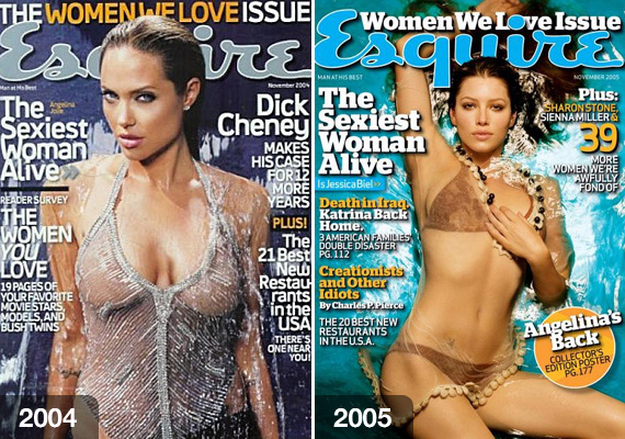 
                        	Angelina Jolie a 2000-es évek elején dögös Lara Croftként robbant be a köztudatba. Az Esquire a világ legszexibb nője címet 2004-ben ítélte neki oda, pontosan egy évvel azelőtt, hogy a színésznő megismerkedett volna Brad Pitt-tel a Mr. és Ms. Smith forgatásán.
                        	Jessica Biel a Hetedik mennyország című sorozat forgatása alatt gyönyörű nővé érett, olyannyira, hogy 2005-ben már ő lett a legszexisebb.