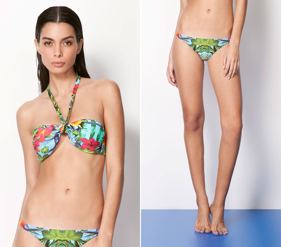 	A Bershka trópusi bikinije a nyár színeit tükrözi, ráadásul nagy mintáinak köszönhetően kerekíti a popsit és a ciciket is, így vékony alkaton mutat a legjobban. A felsőrész ára 4595 forint, a bugyié 3595 forint.