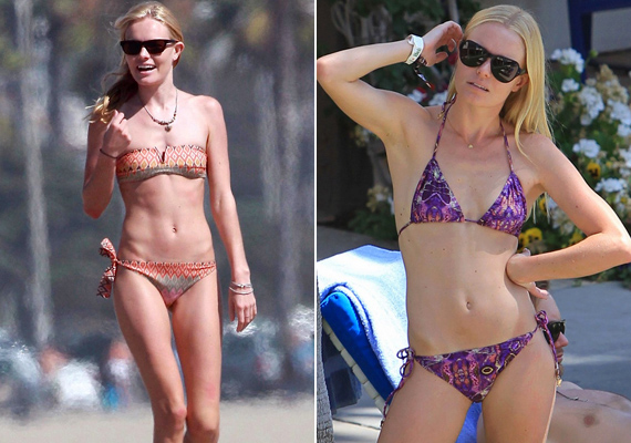 
                        	Kate Bosworth törékeny testalkatára apró mintás fürdőruhát választott, amely erősíti mellben, ugyanakkor nem nyomja össze vékony formáit.