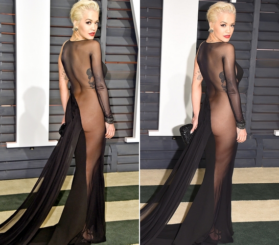 	Rita Ora az idei Oscar-gála afterpartijára érkezett ebben az áttetsző fekete ruhában, és az is megtudhatta, aki nem akarta, hogy nem viselt alsóneműt.