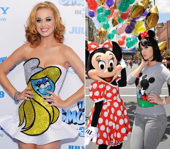 	Katy Perry szeret kissé különcnek mutatkozni. Törpillás ruháját a Hupikék törpikék bemutatóján viselte, hiszen ő kölcsönözte a hangját a szőke törplánynak. Ugyanakkor Mickey és Minnie egér is közel áll hozzá.
