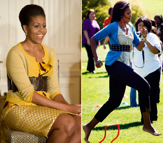 	Michelle Obama egyik kedvenc összeállítása, kardigán nyitva, övvel összefogva. Praktikus és elegáns, még akadályversenyzésre is alkalmas, ha éppen olyanon kell részt vennie.