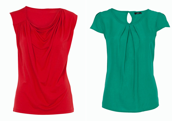 
                        	Az F&F a nyomott minták helyett a színekre és a húzott részekre koncentrált. A piros, ráncolt nyakú póló 1950 forintba, a zöld 2890 forintba kerül.