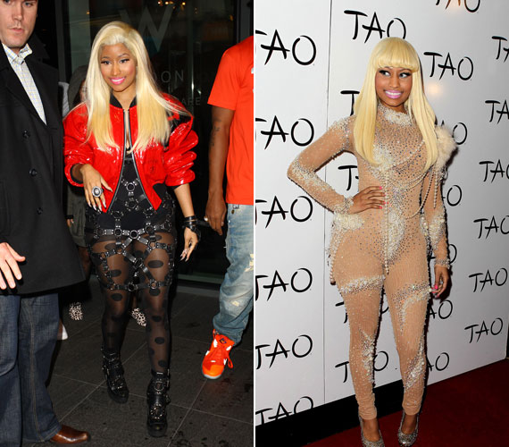 	Nicki Minaj láthatóan örömét leli a csúnya ruhákban.