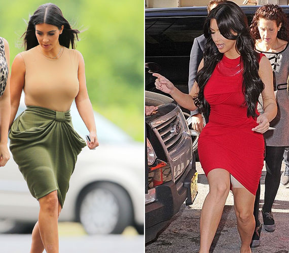 	Kim Kardashian valószínűleg ebben is alszik. Zöld szoknyáján jól látszik, hol ér véget a szorító nadrág, ami a piros ruhából már teljesen kilóg.