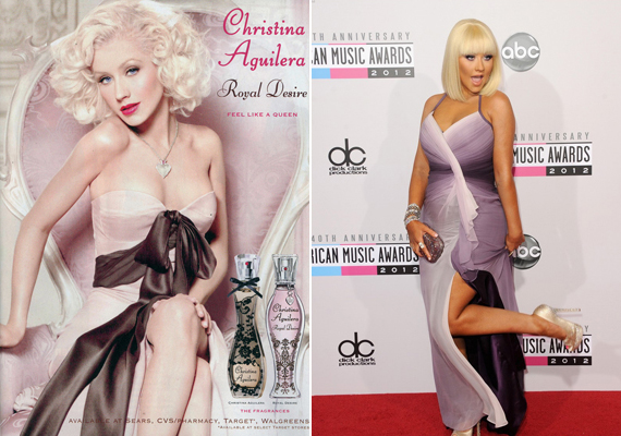 
                        	Christina Aguilera a Royal Desire nevű parfümének reklámján és a vörös szőnyegen. A különbség itt is igencsak szembetűnő. Az énekesnő azóta hízott-fogyott és attól függően, hogy éppen melyik szakaszban van, szívesen beszél az elfogadásról.