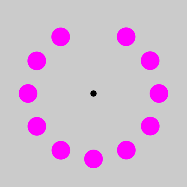 	Ha elég ideig nézed a fekete pontot, a lila pöttyök először zöldre váltanak, majd teljesen eltűnnek.