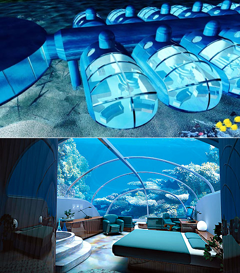 Poseidon Undersea Resort, FijiA vállalkozó kedvű utazóknak 2009 elejétől van lehetőségük arra, hogy a Poseidon hotelben megszállva a tenger alatt negyven láb mélyen, üvegfalakkal körülvett szobákban, a vízalatti világ csodáiban gyönyörködve töltsenek el néhány éjszakát. A tiszta kék vizű lagúna alatt elhelyezkedő szállásokhoz lifttel lehet lejutni.