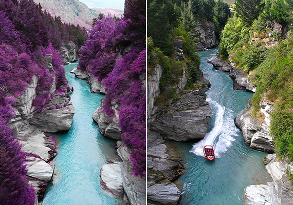 
                        	A bal oldali képről úgy hírlik, Skóciában készült, Skye szigetén, a jobb oldali azonban bizonyítja, hogy manipulált fotóról van szó, melynek eredetije Új-Zélandon készült a Shotover-folyóról.