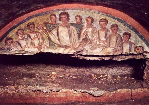 
                        	A katakombák híresek freskóikról, a képen látható alkotás a Domitilla-katakomba egyik büszkesége.